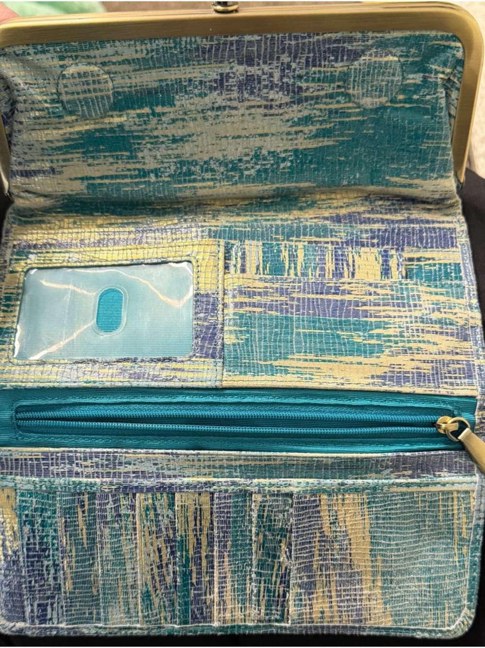 HOBO Rachel Tri-Fold Teal & Gold Textured Wallet - Picture 3 of 8
